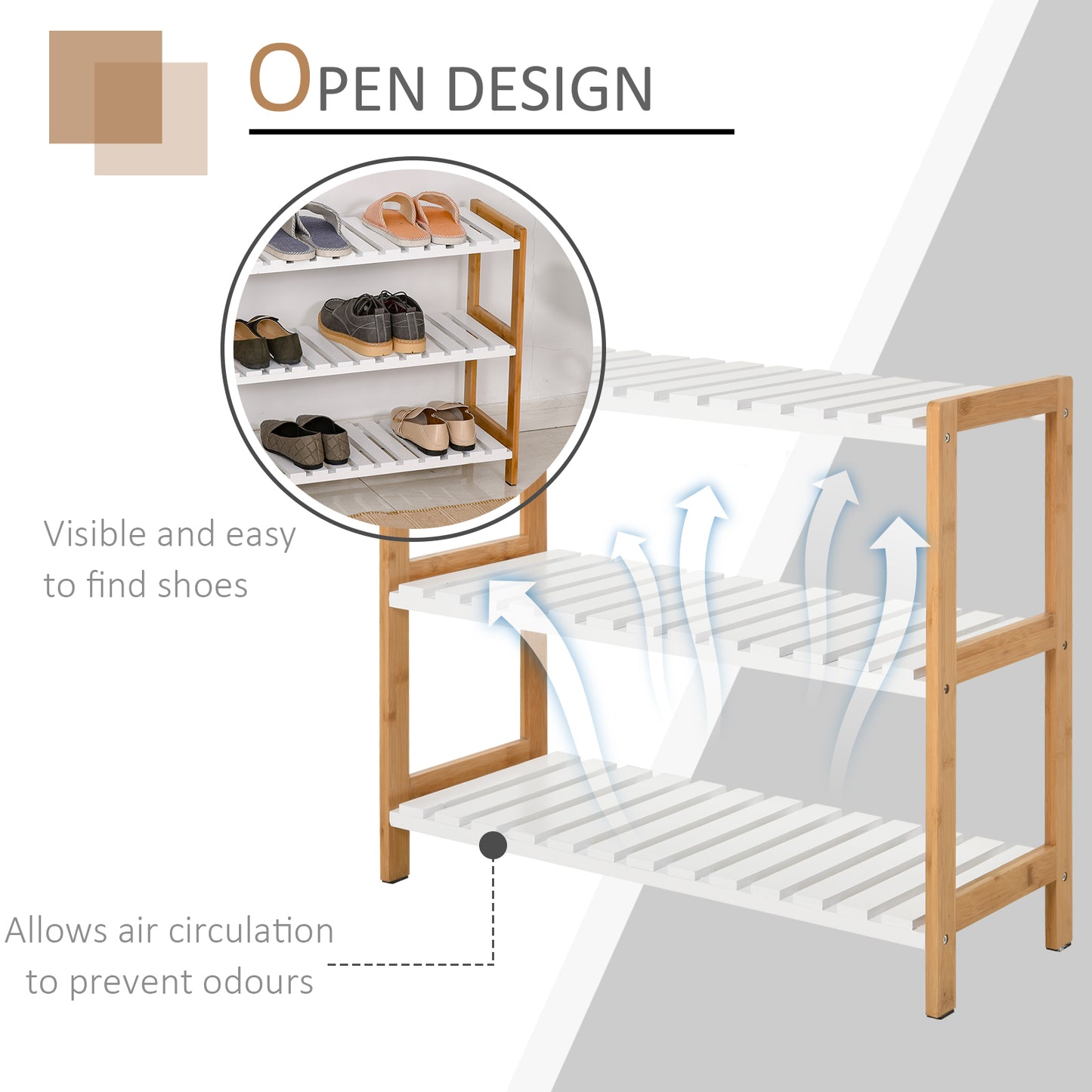 3-Tier Shoe Rack Wood Frame Slatted Shelves Spacious Open Hygienic Storage Home Hallway Furniture Family Guests 70L x 26W x 5