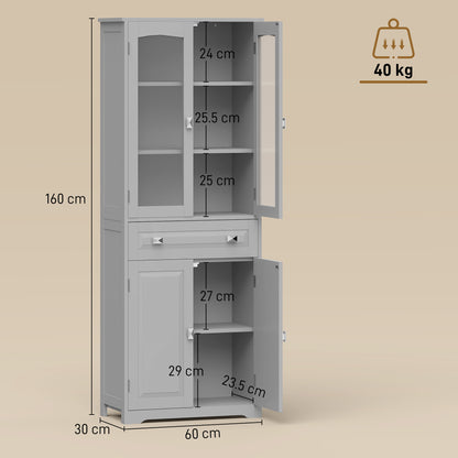 Freestanding Kitchen Cupboard, Storage Cabinet with 2 Adjustable Shelves, Drawer and Glass Door for Living Room, Grey