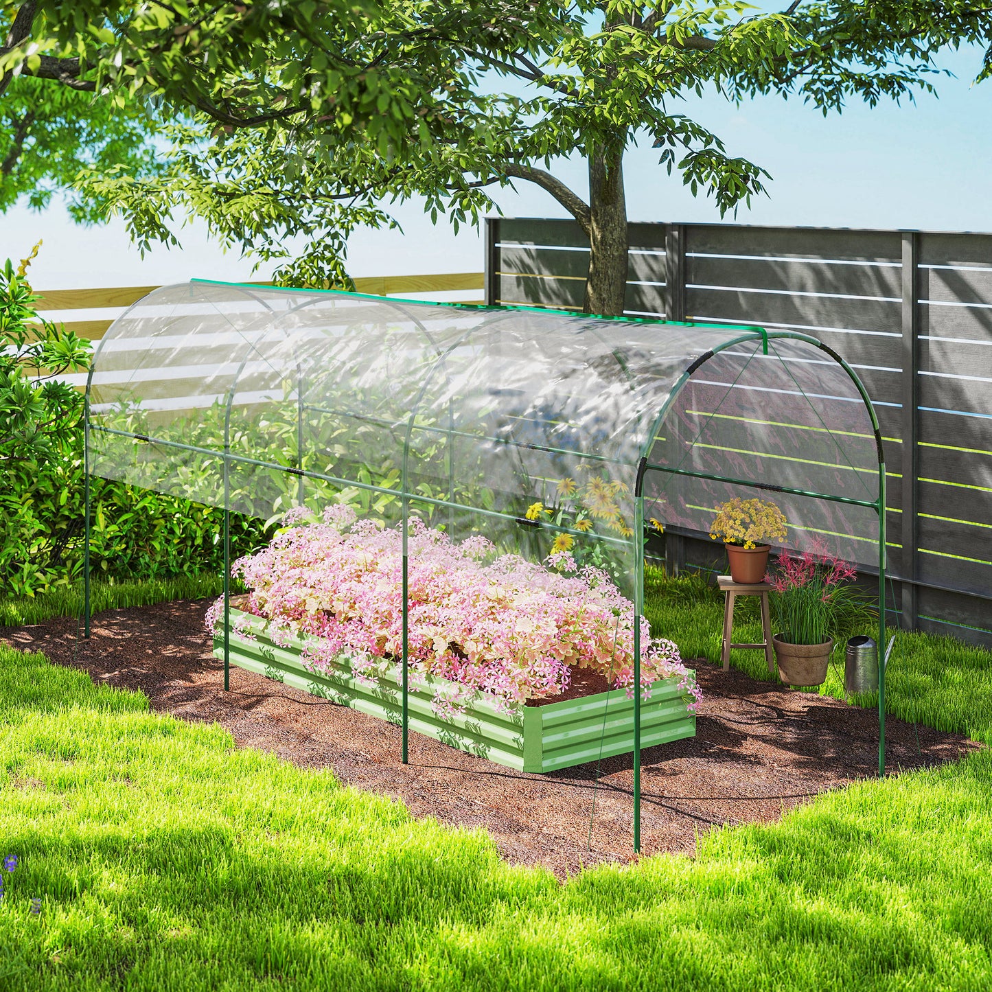 Tunnel Tomato Greenhouse with 4 Hoops and Top Tap, Pointed Bottom and Guy Ropes, 400 x 123 x 171 cm, Clear