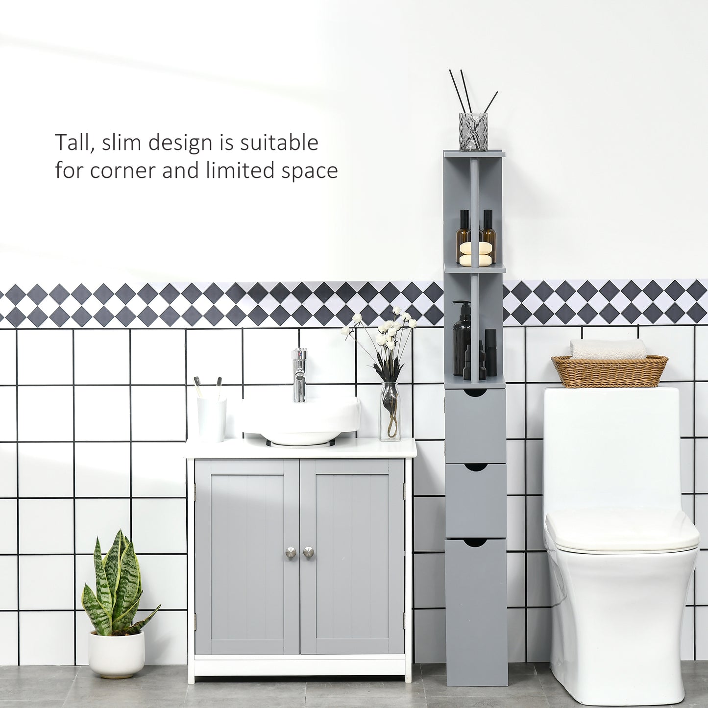 Tall Bathroom Cabinet, Freestanding Slim Bathroom Storage Cabinet with 2-Tier Open Shelf and 2 Drawers for Small Space