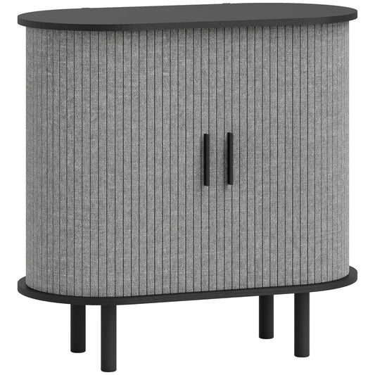 Tambour Sideboard with Fluted Sliding Doors, Modern Kitchen Cupboard with Storage Shelves and Wooden Legs, Grey
