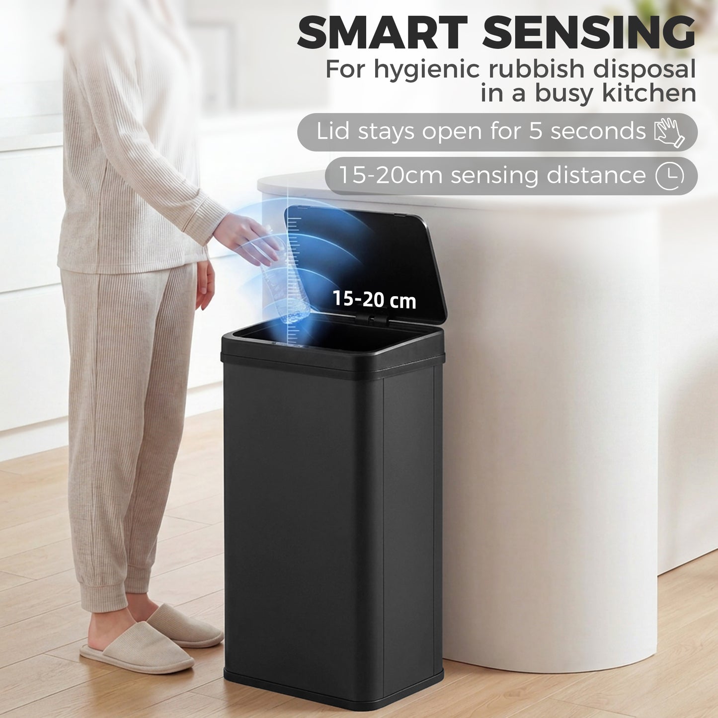 50L Sensor Bin with Soft-Close Lid, Stainless Steel Automatic Touchless Motion Sensor Kitchen Bin, Black