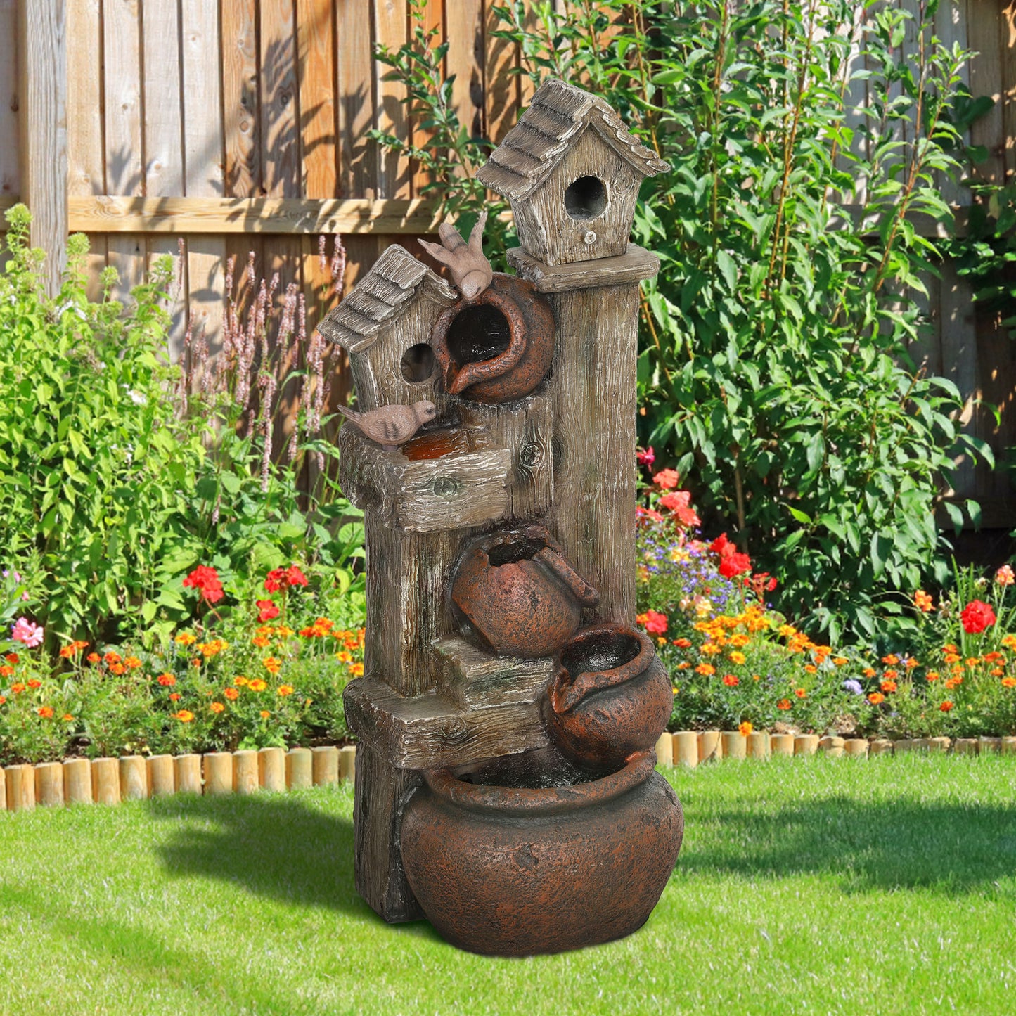 2-in-1 Waterfall Fountain with Birdhouse, Resin Garden Water Fountain with LED Lights Pump