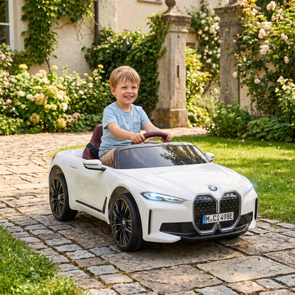 BMW i4 Licensed 12V Kids Electric Ride-On Car, White, Red and Light Blue