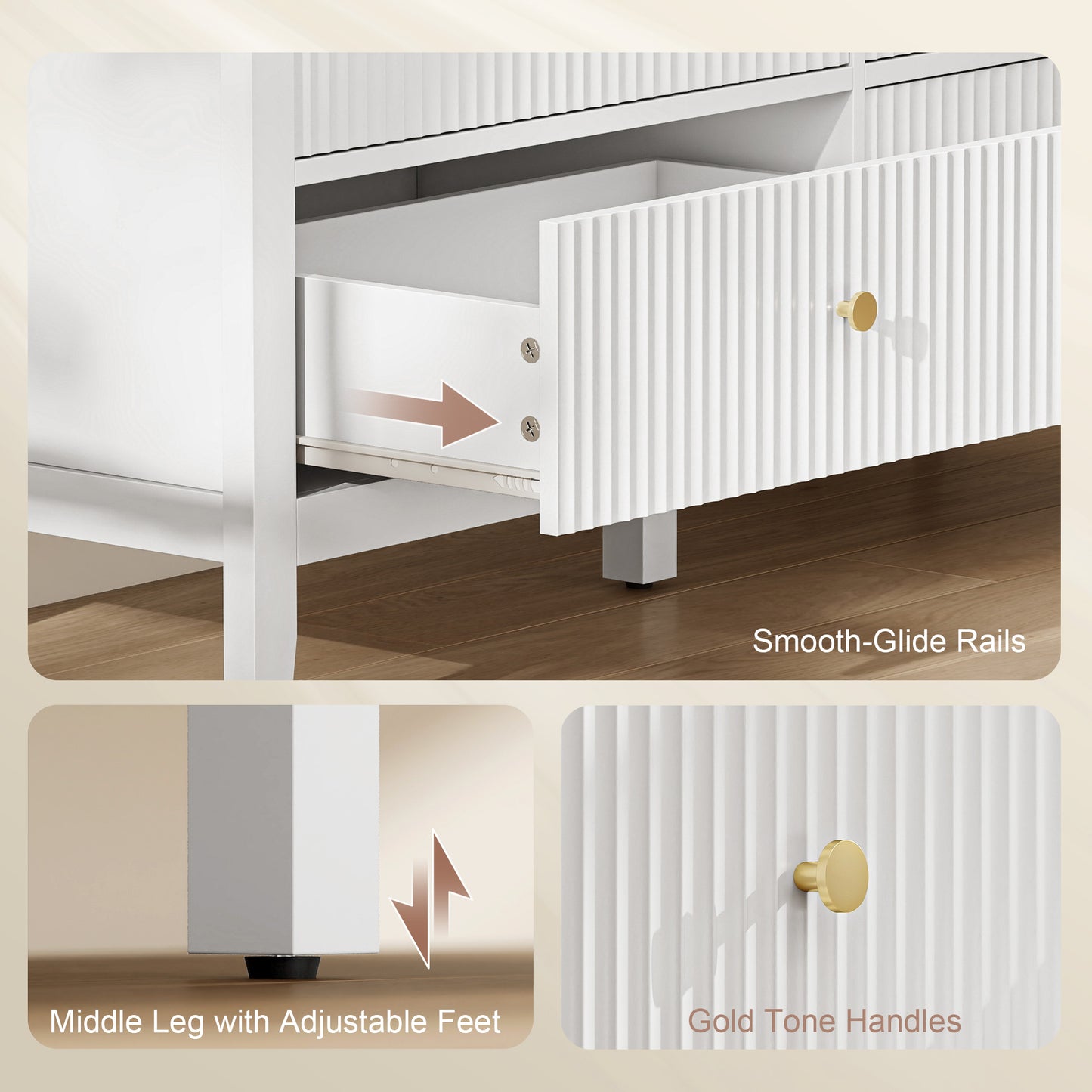 Fluted Dresser, 6 Drawer Chest of Drawers for Bedroom, Living Room, Hallway, Closet, White
