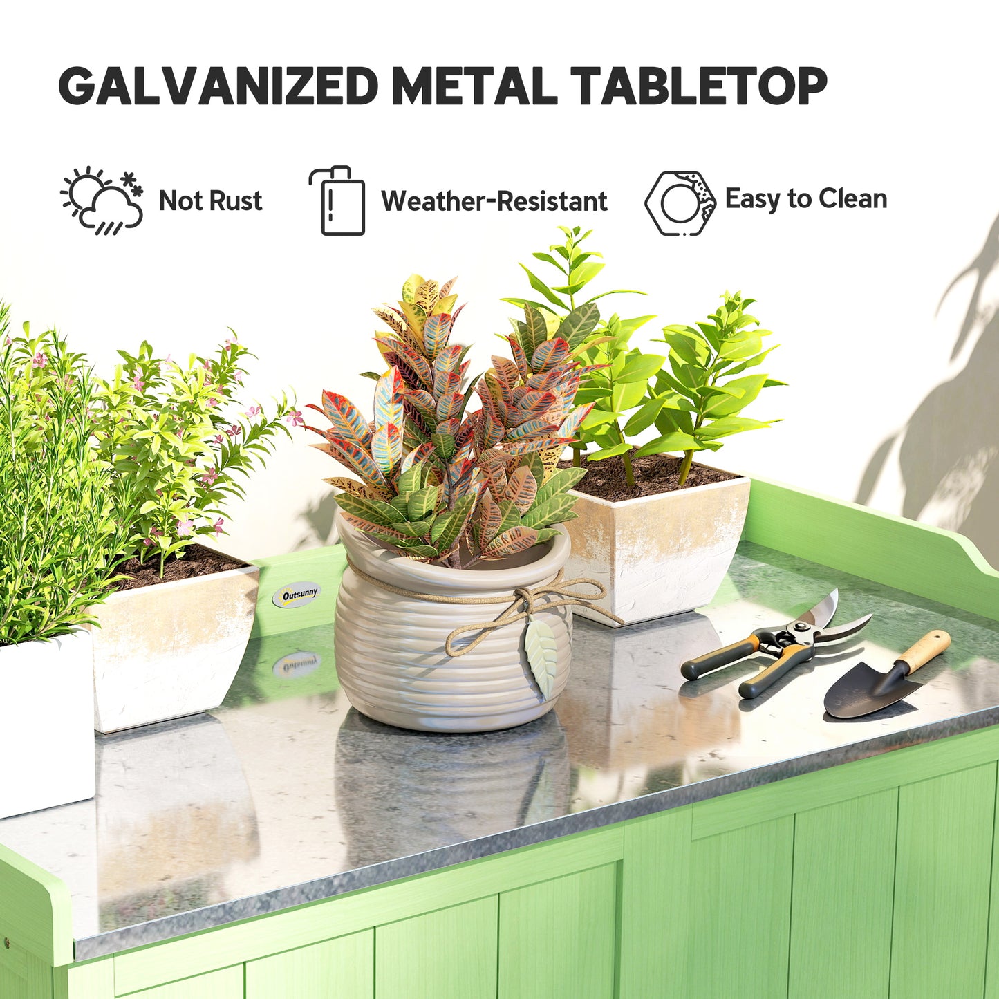 Wood Garden Storage Cabinet, Outdoor Tool Shed, Potting Bench Table with galvanised Top and Two Shelves for garden Tools or P