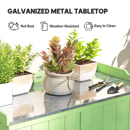 Wood Garden Storage Cabinet, Outdoor Tool Shed, Potting Bench Table with galvanised Top and Two Shelves for garden Tools or P