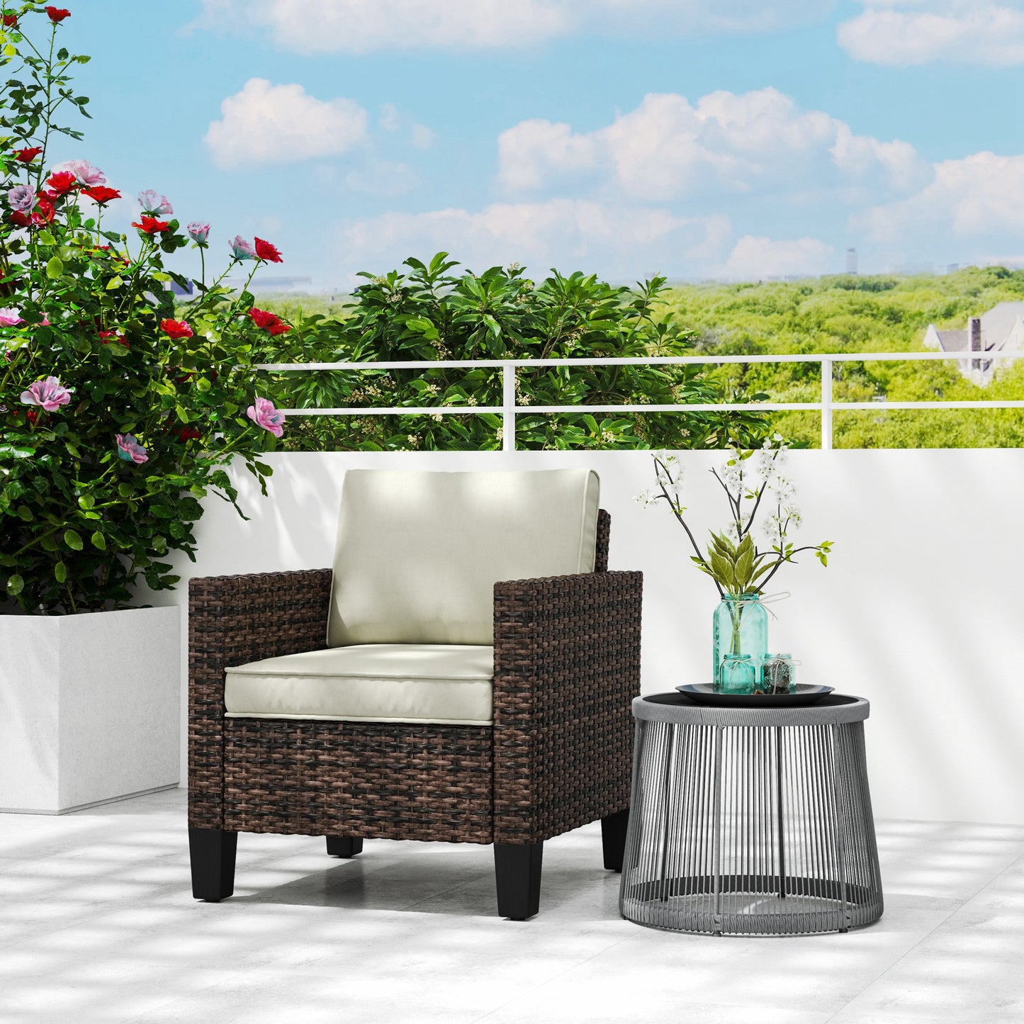 Single Rattan Armchair, with Cushions - Brown
