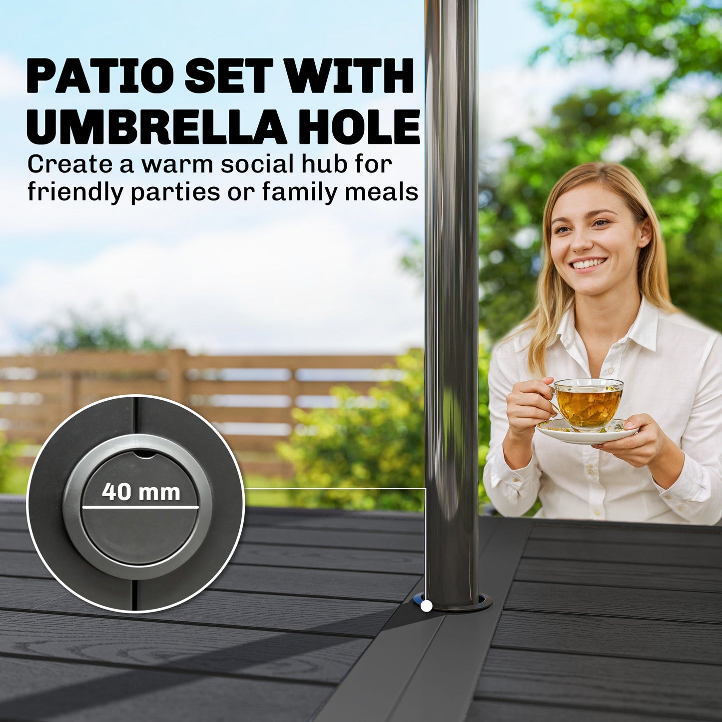 Garden Dining Set for 6, Faux Wood Metal Outdoor Table and Stackable Chairs with Plastic Rattan Effect Seat, Black