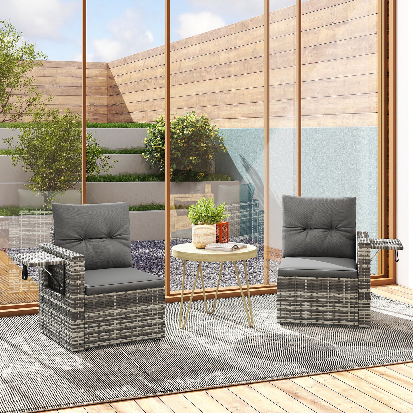 2 Seater Rattan Garden Sofa Outdoor Loveseat with Hidden Side Trays and Cushions for Patio Balcony, Dark Grey