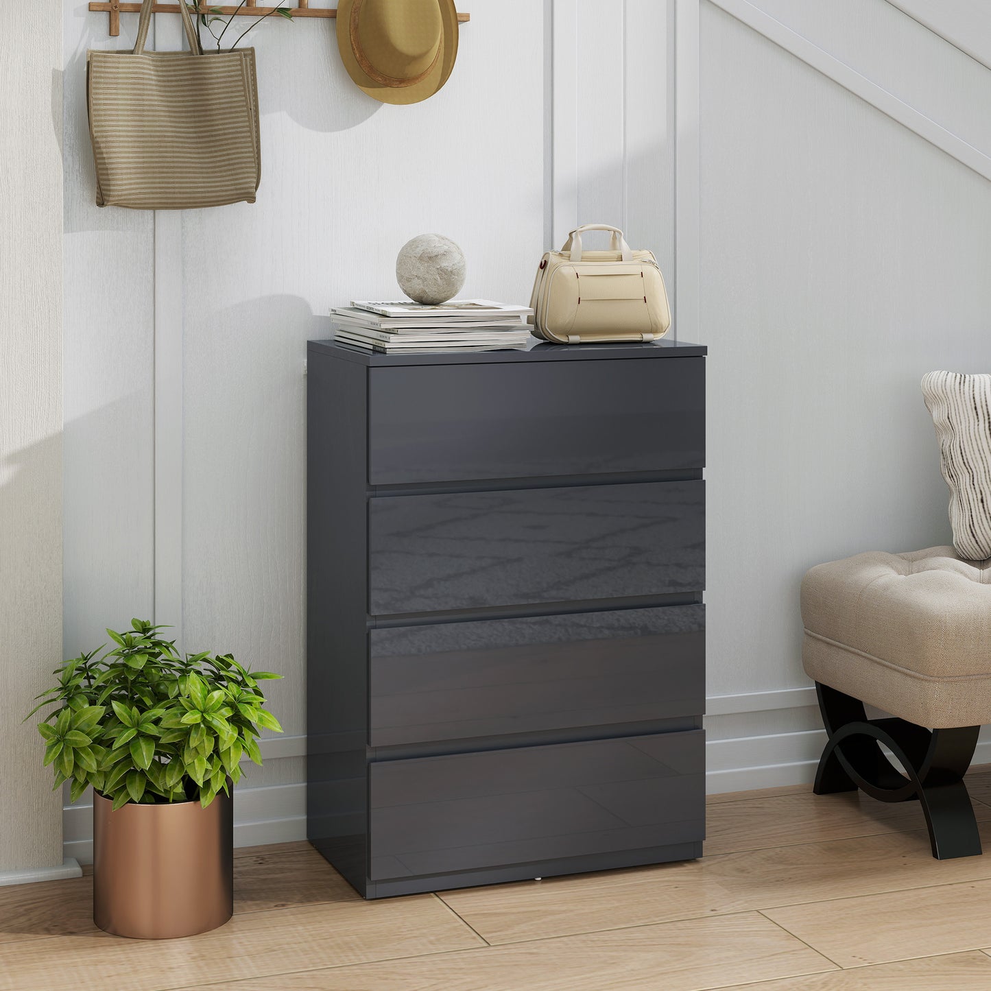 High Gloss Chest of Drawers, 4-Drawer Storage Cabinets, Modern Dresser for Bedroom, Grey