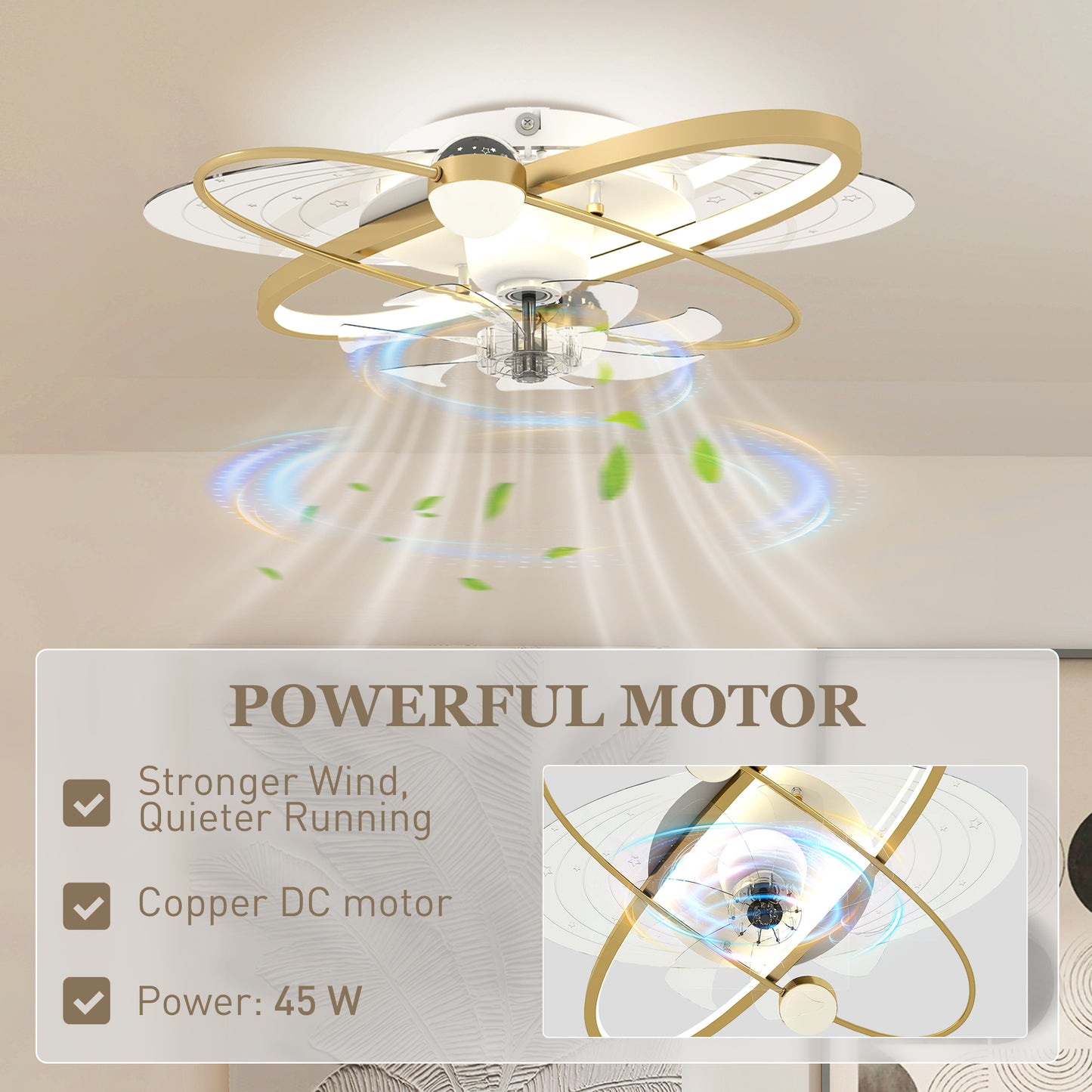Ceiling Fan with Light and Remote, 3 Colour Temperatures, LED Mount Ceiling Fan Light for Bedroom, Gold Tone