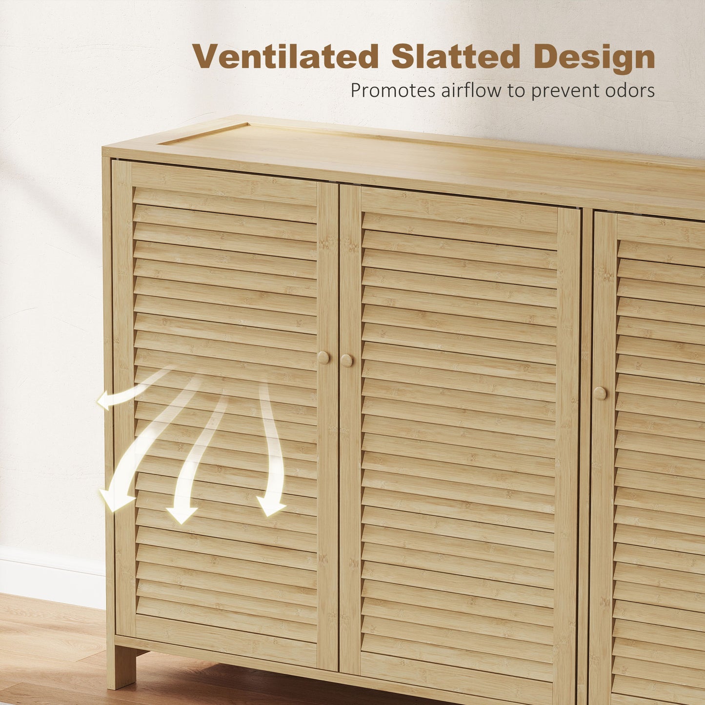 Bamboo Shoe Cabinet with Louvered Doors, 18 Pairs Shoe Storage Cabinet with Adjustable Shelves for Hallway, Natural