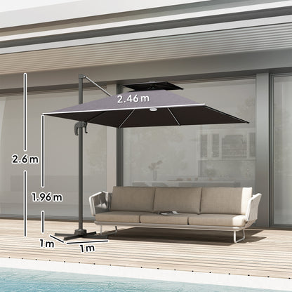 2.5m Cantilever Parasol with Solar Powered LED Lights, 360° Rotation, Tilt Adjustment, Crank Handle, Dark Grey