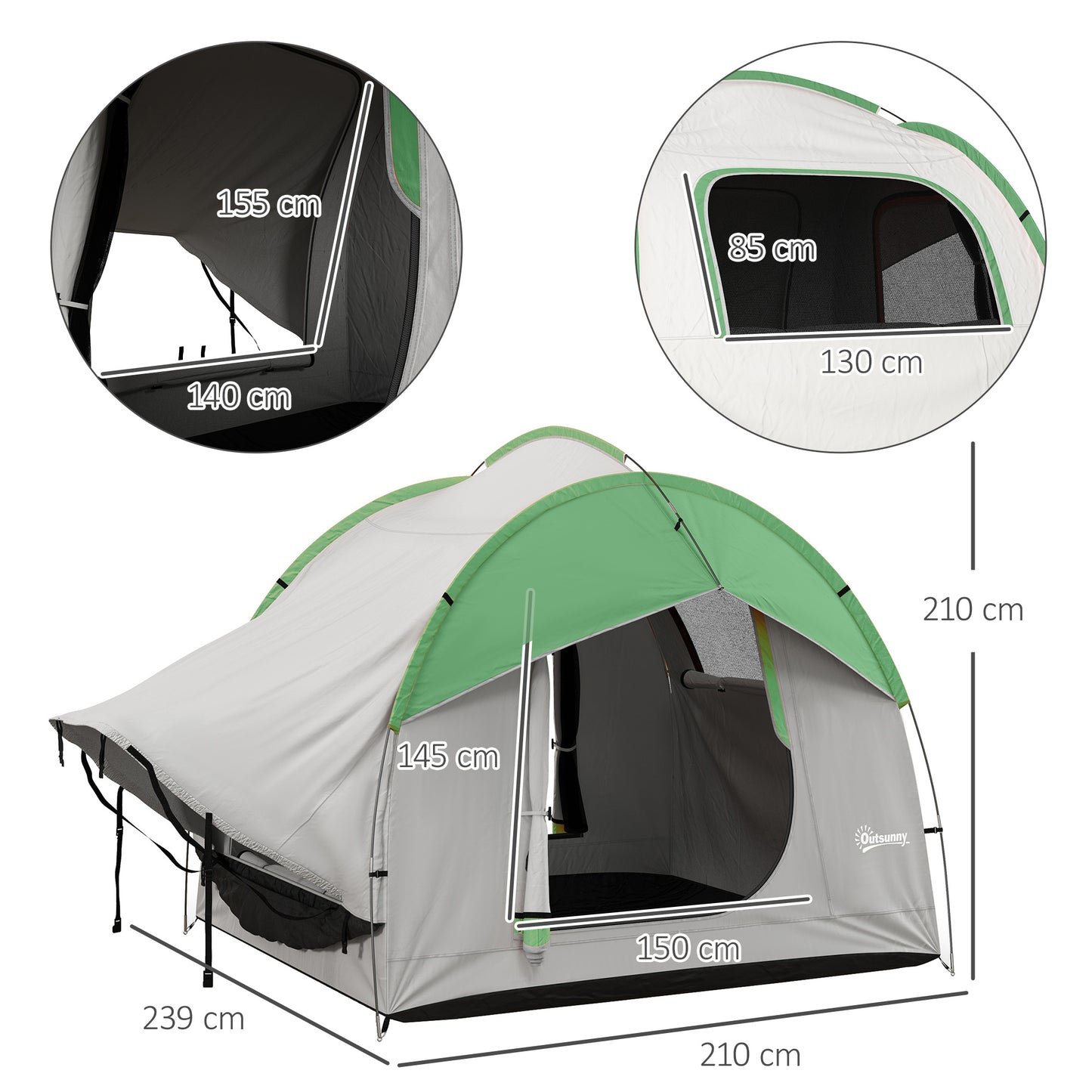 SUV Car Tent for Camping, Waterproof PU2000mm, 5 Man Tailgate Tent, 2.4 x 2.1 m, Grey and Green