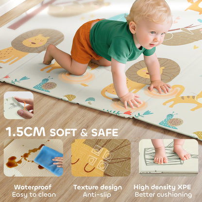 Animal-Themed Baby Plat Mat Double Sided, Foldable, Water-Resistant for Outdoor/Indoor, 177 x 146 x 1.5cm