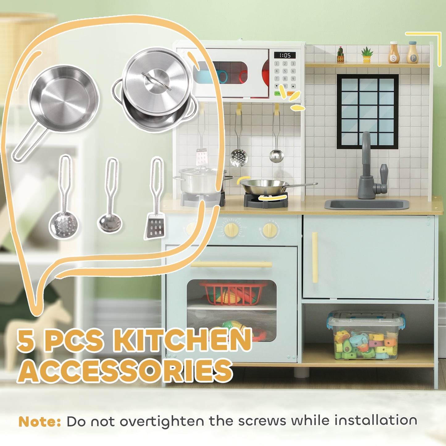 Pretend Play Kitchen, Kids Kitchen Playset with Light & Sound Stove, Turning Knobs, Cooking Accessories