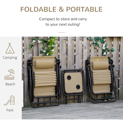 Folding Zero Gravity Chairs, 3 Pieces Adjustable Sun Lounger and Table Set with Cup Holder and Headrest