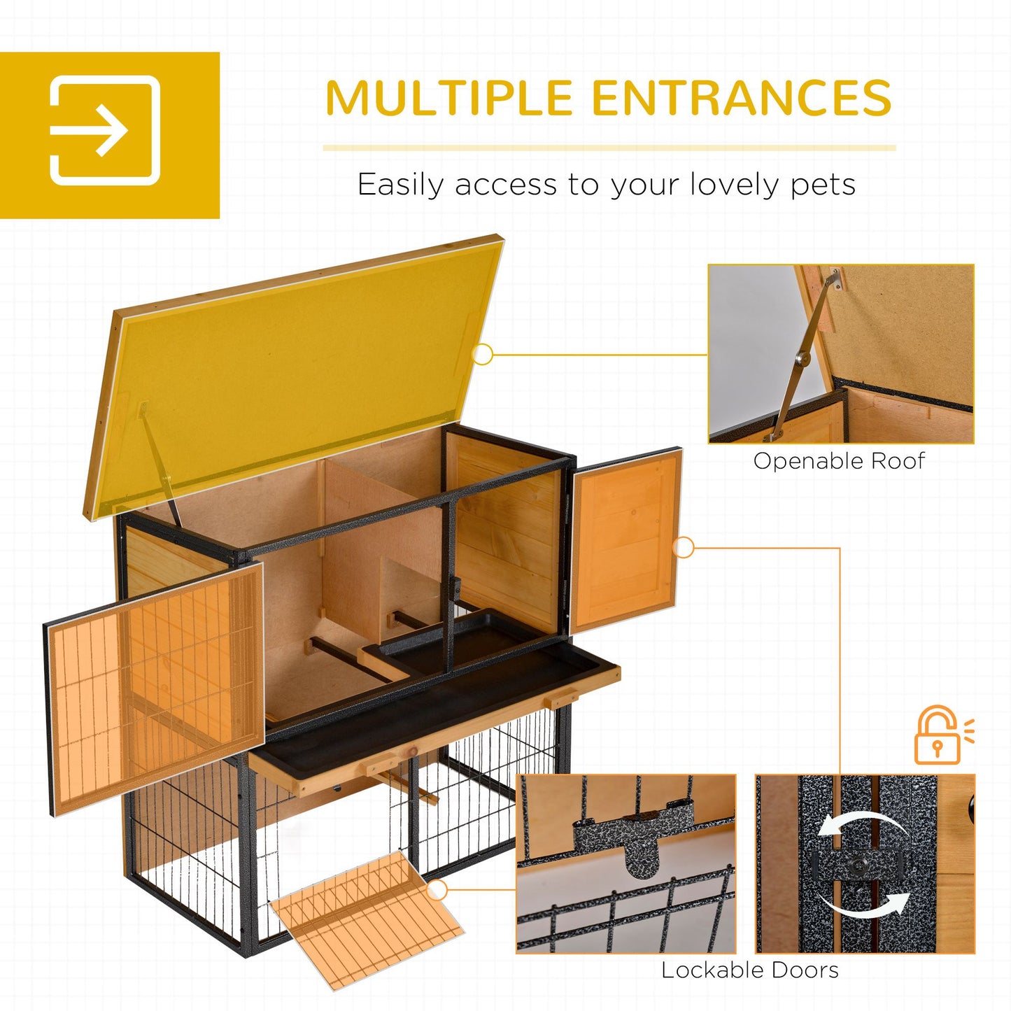 Guinea Pig Hutch Rabbit Hutch Wood-metal Elevated Pet House Bunny Cage with No-Leak Tray Ramp Openable Roof Outdoor 89.5 x 45