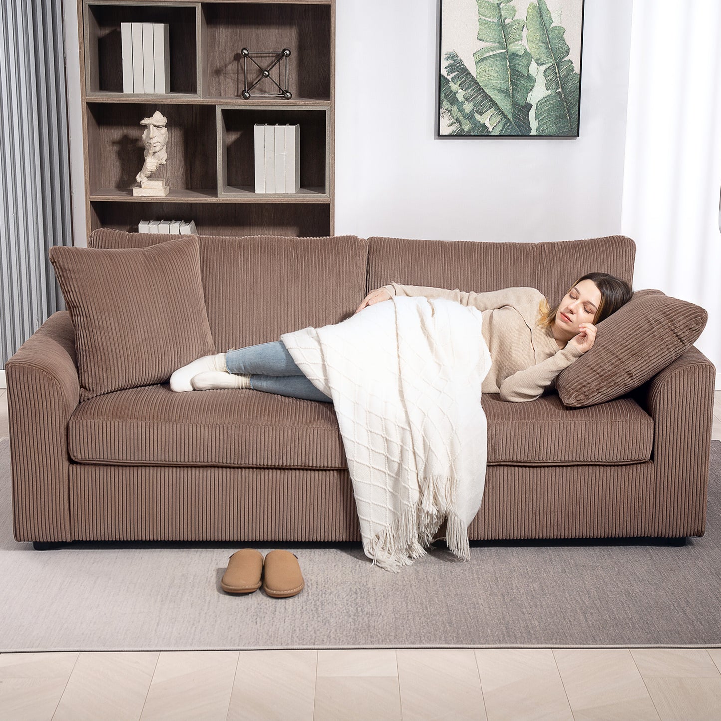 3 Seater Sofa, 212cm Corduroy Couch with Spring Cushion, Wide and Deep Seat, Plush Backrest, 2 Pillows