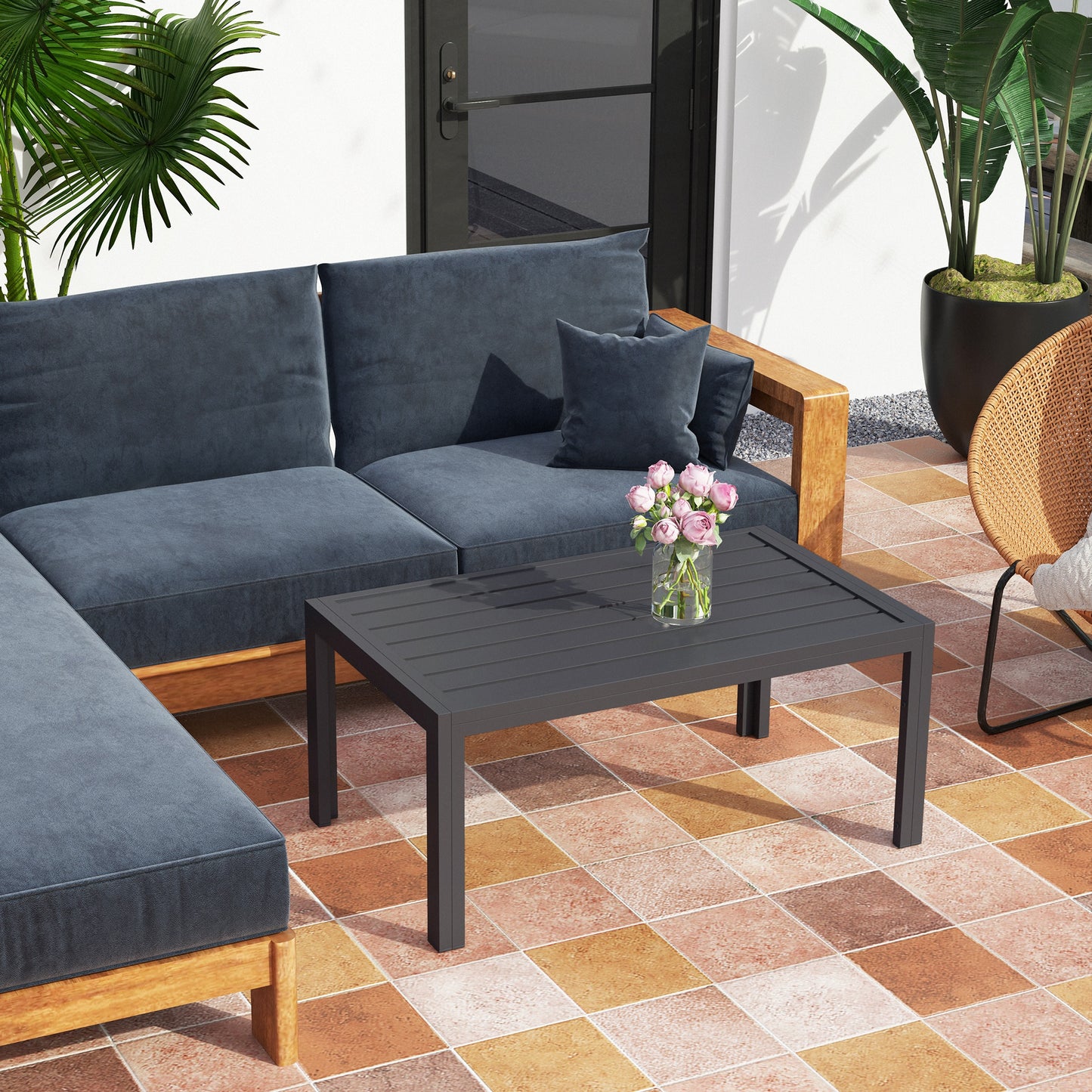 Outdoor Side Table, Rectangular Patio Coffee Side Table with Steel Frame and Slat Tabletop for Garden, Balcony, Grey