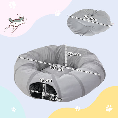 2 in 1 Cat Tunnel with Bed, Cat Play Tunnel with Ball & Peek Hole for Indoor Cats, Grey