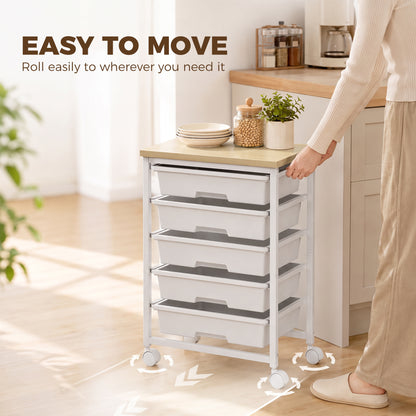 6-Tier Storage Trolley on Wheels, Metal Kitchen Rolling Cart with 5 Pull-Out Drawers, White