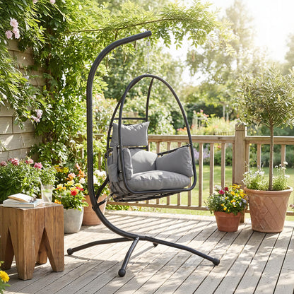 Hanging Egg Chair, Indoor Outdoor Swinging Hammock Chair with Stand, Foldable Basket, Side Pocket, Dark Grey