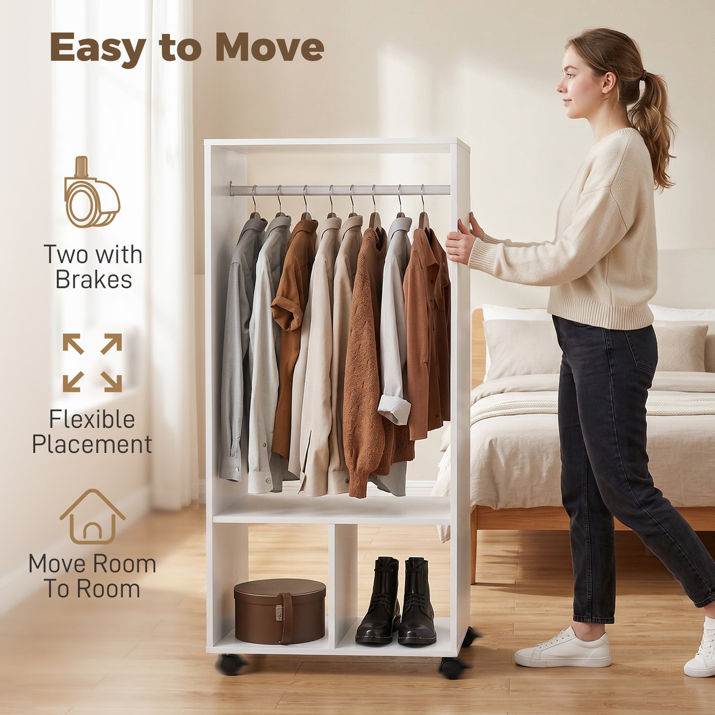 Open Wardrobe on Wheels, Bedroom Wardrobe with Clothes Hanging Rail, 2 Storage Shelves, Mobile Garment Rack for Cloakroom
