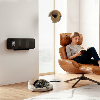 2000W Ceramic Electric Heater with Fan, Adjustable Thermostat, Wall Mounted - Black