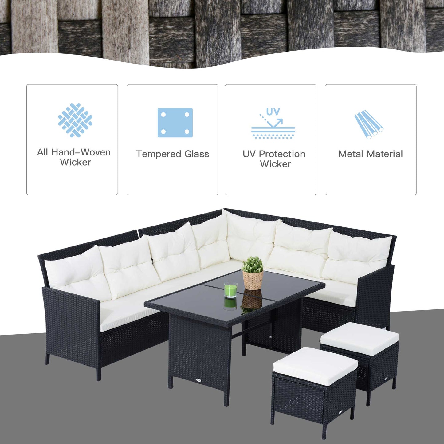 8-Seater Garden Rattan Furniture Rattan Corner Dining Sofa Set Wicker Conservatory Furniture Lawn Patio Coffee Table Foot Sto