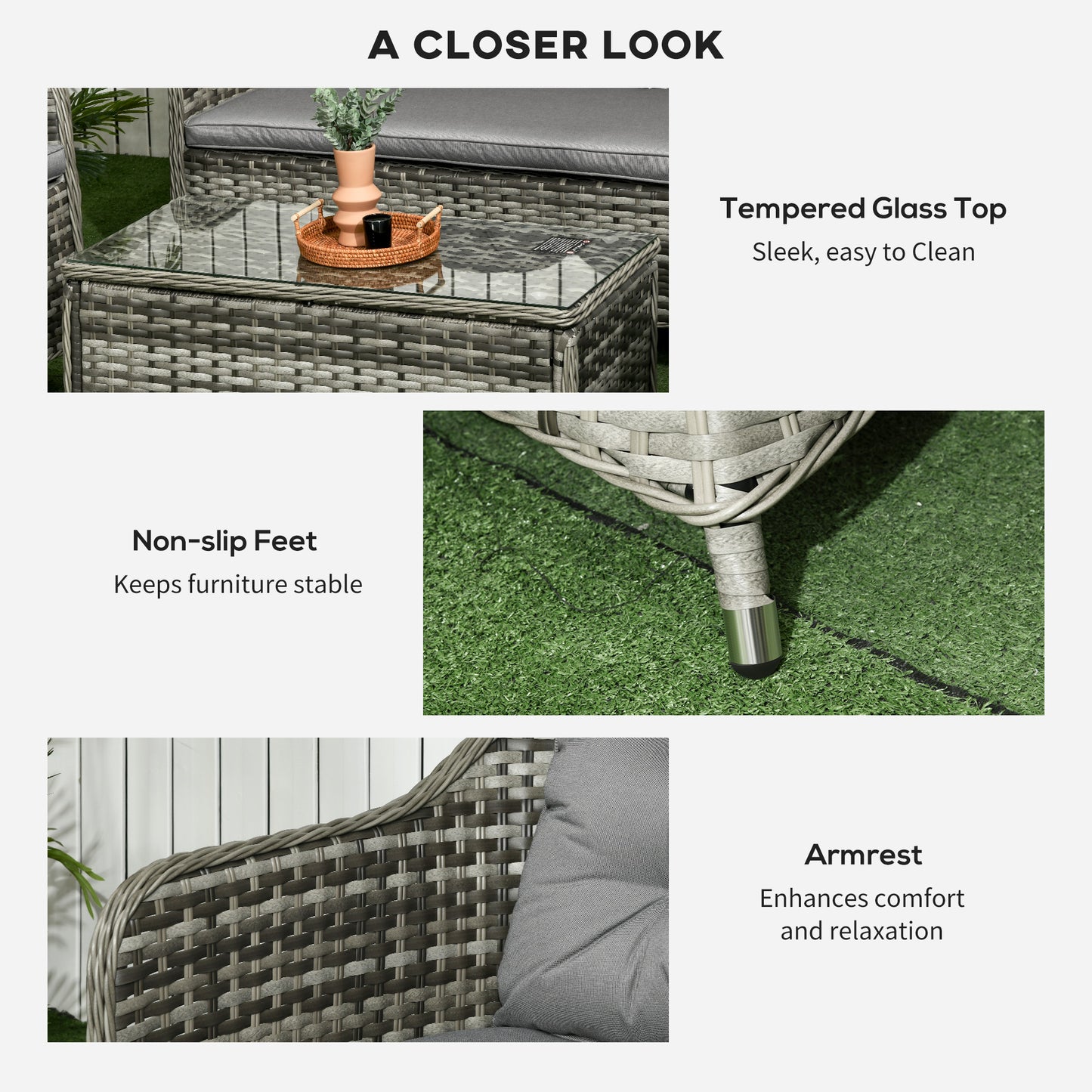 Four-Piece Rattan Sofa Set, with Glass-Top Table - Mixed Grey