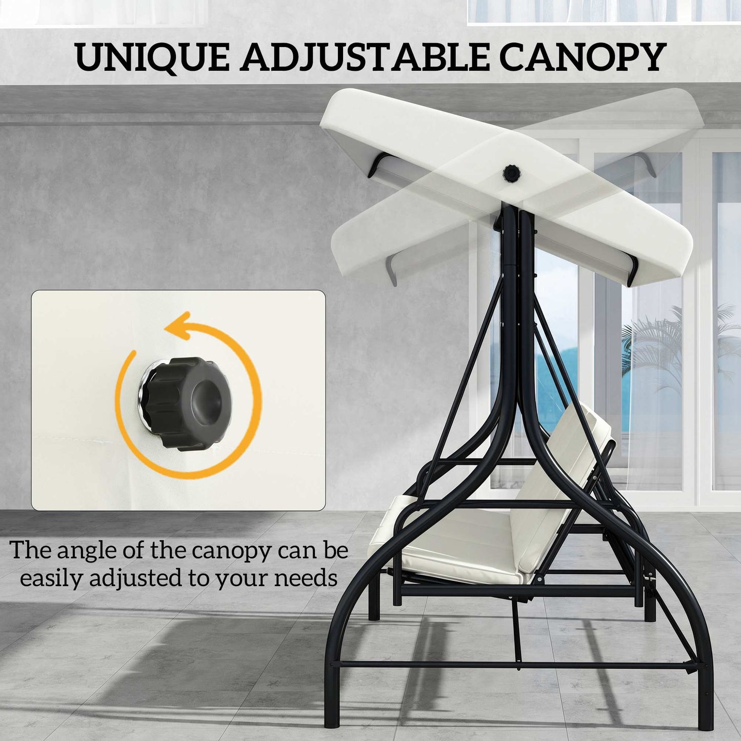 3 Seater Garden Swing Chair, 2 in 1 Convertible Patio Swing Seat Bed with Adjustable Canopy, Cushions and Metal Frame