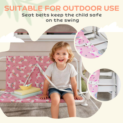 Kids Porch Swing, 2-Seater Patio Swing Bench Hammock with Seat Belts, Adjustable Canopy for Garden, Pink