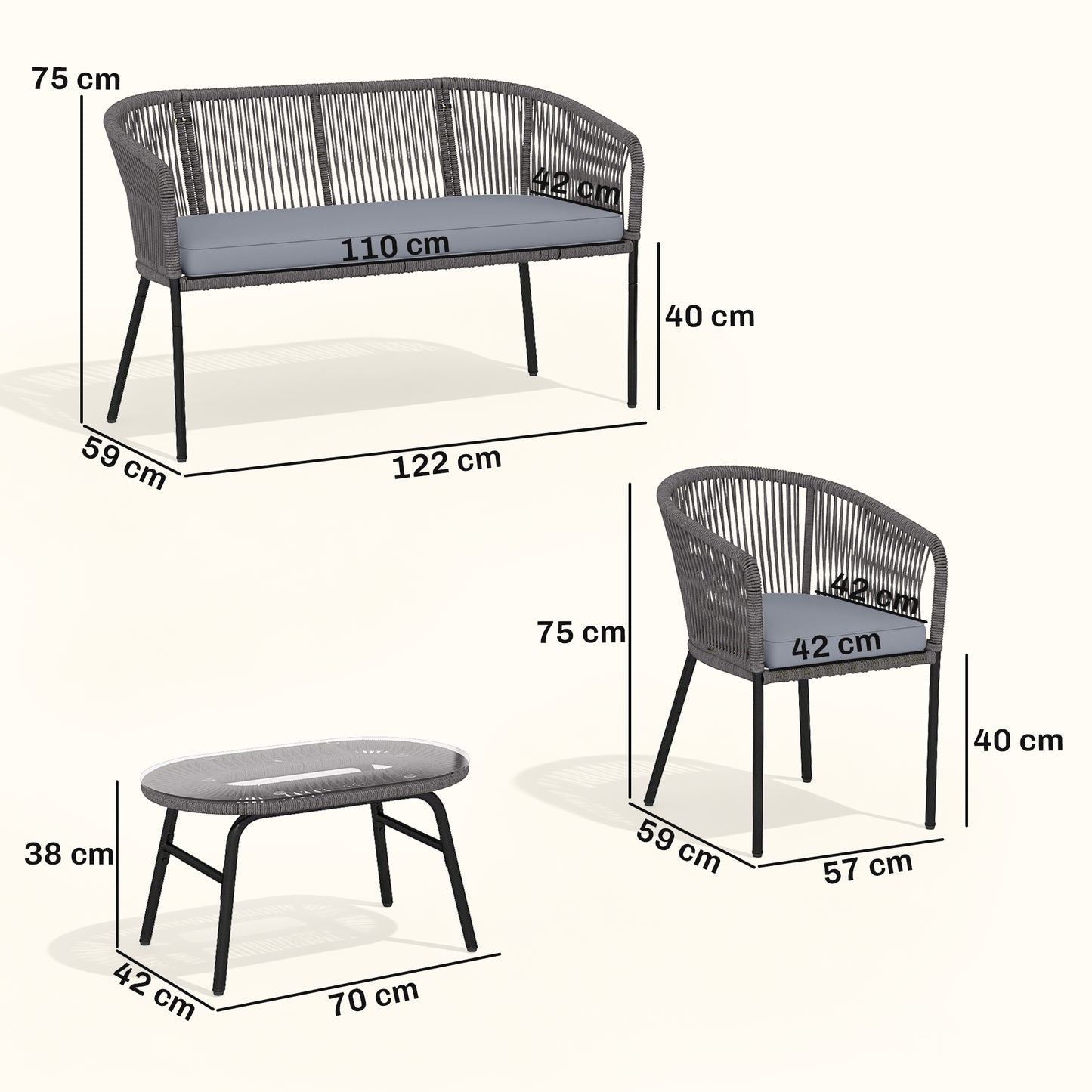 4 Piece Garden Furniture Set, Rope Garden Sofa Set with 1 Loveseat 2 Chairs Tempered Glass Table Cushions, Dark Grey