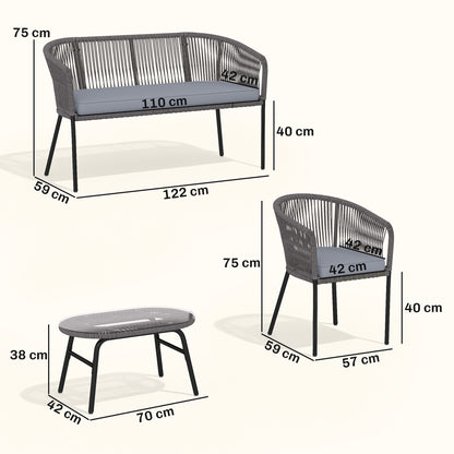 4 Piece Garden Furniture Set, Rope Garden Sofa Set with 1 Loveseat 2 Chairs Tempered Glass Table Cushions, Dark Grey