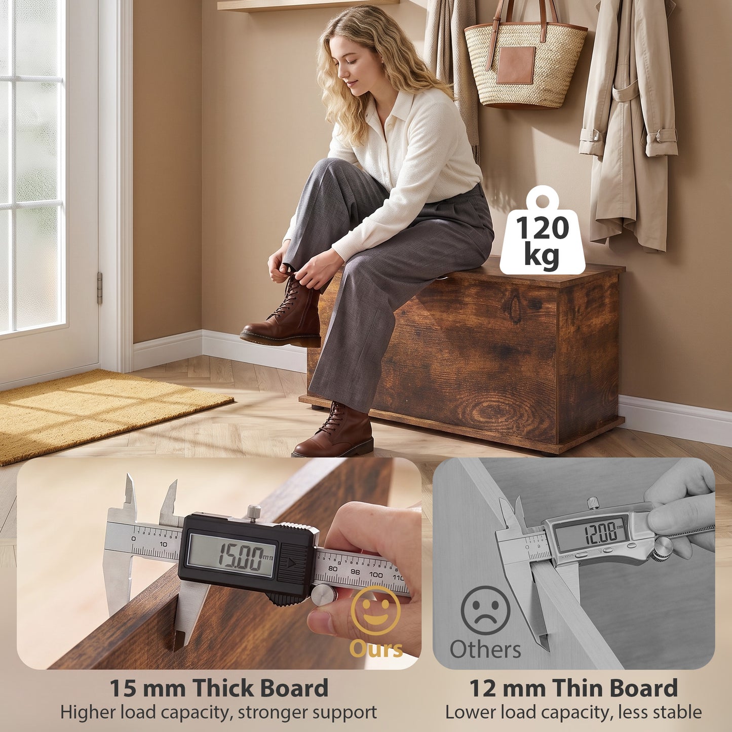 Storage Chest, 102L Blanket Box, Shoe Bench Safety Hinged Lid, Bed End Bench for Bedroom, 80 x 40 x 45cm, Rustic Brown