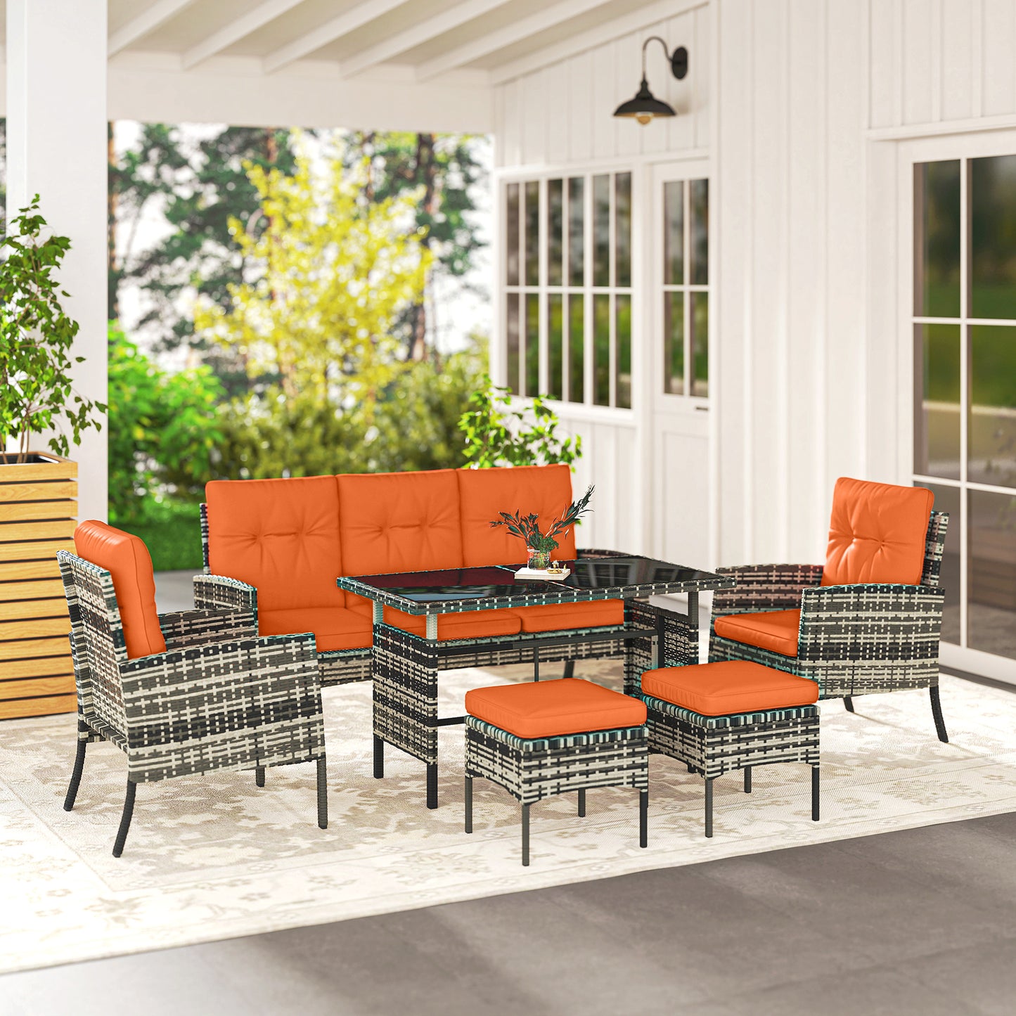 6 Pieces Rattan Garden Furniture Set with Dining Table and Cushions, Orange