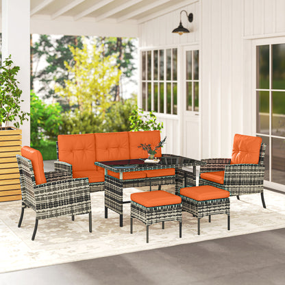 6 Pieces Rattan Garden Furniture Set with Dining Table and Cushions, Orange