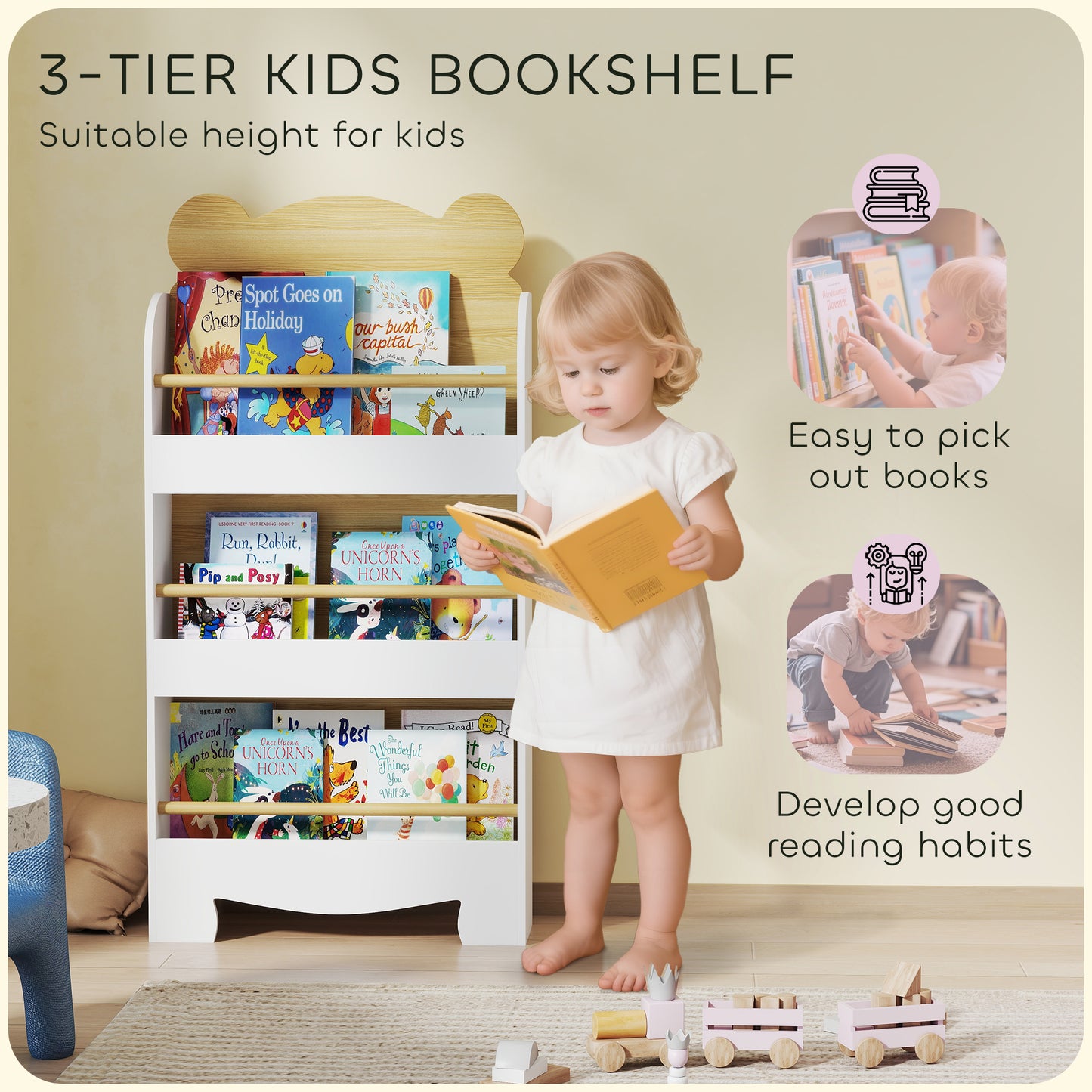 Kids Bookshelf, 3 Tier Children Bookcase, Bear Theme Toddler Space-Saving Bookcase for Living Room, White