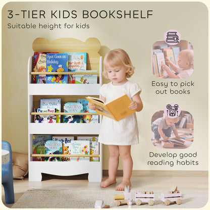 Kids Bookshelf, 3 Tier Children Bookcase, Bear Theme Toddler Space-Saving Bookcase for Living Room, White