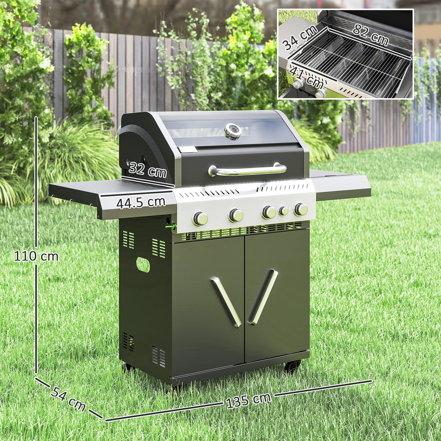 4+1 Burner Gas BBQ Grill with Clear View Lid, Portable Gas Barbecue Grill with Built-in Thermometer, Side Table, Cabinet
