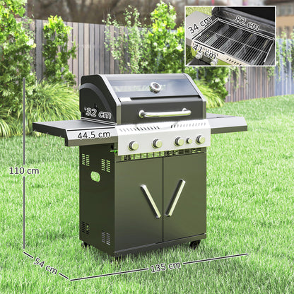 4+1 Burner Gas BBQ Grill with Clear View Lid, Portable Gas Barbecue Grill with Built-in Thermometer, Side Table, Cabinet