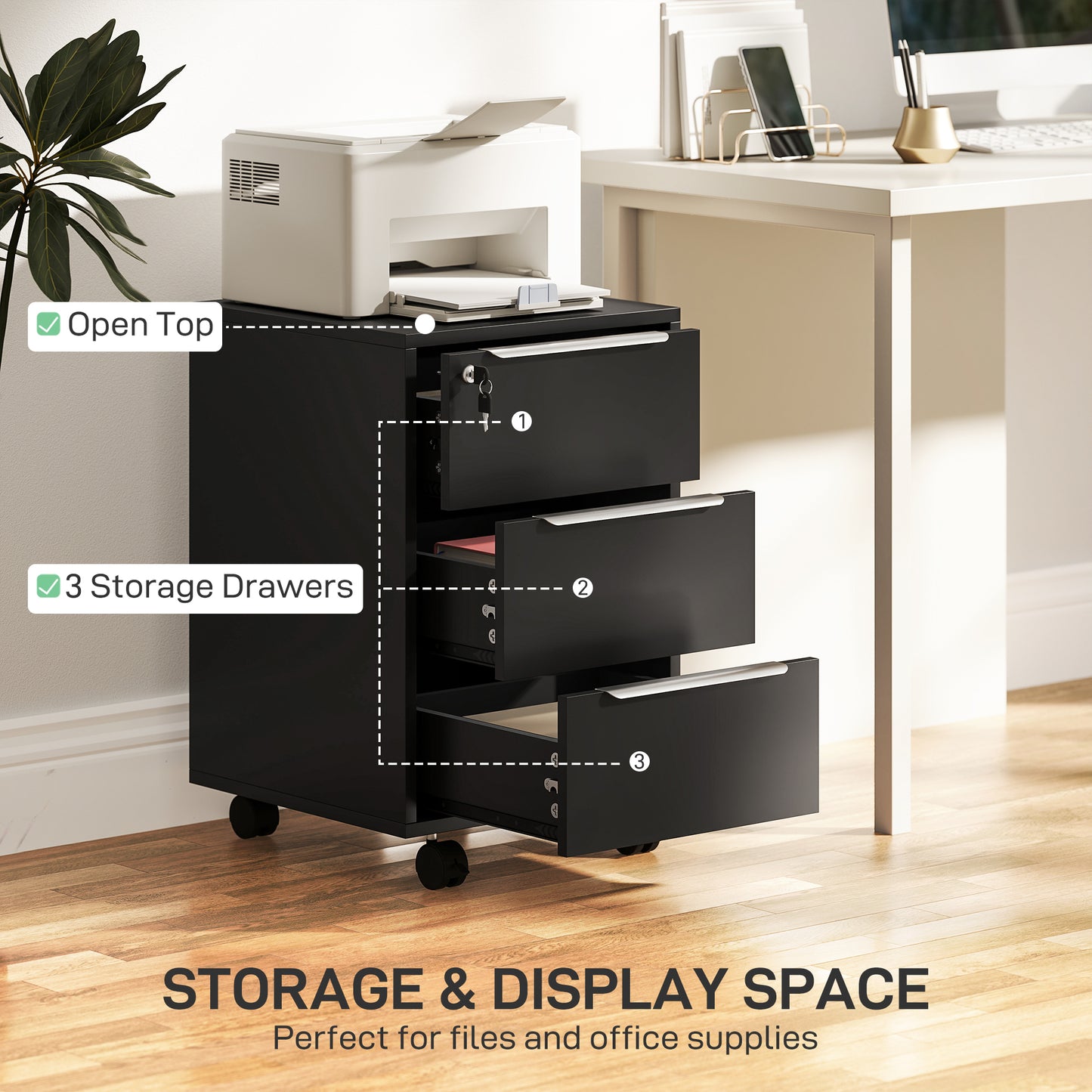Three-Drawer Locking Filing Cabinet - Black