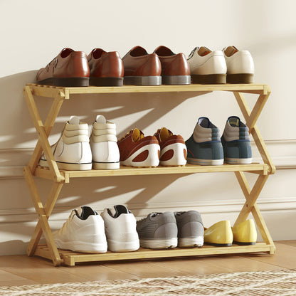 Three-Tier Folding Bamboo Shoe Rack - Natural Finish