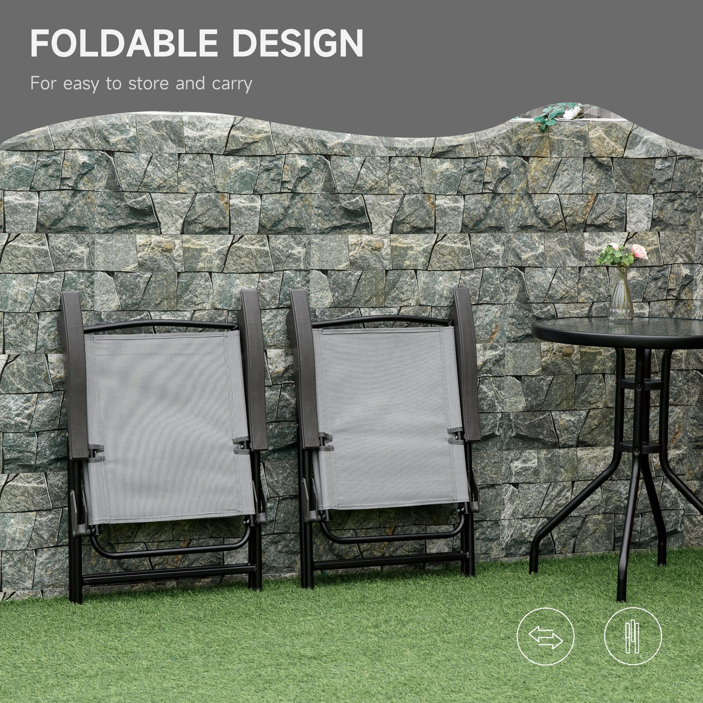 3 Piece Outdoor Bistro Set, Patio Conversation Furniture Set with 2 Folding Backrest Adjustable Armchairs and Glass Top Coffe