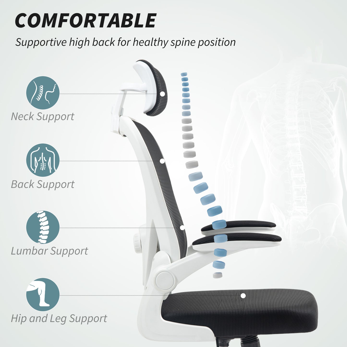 Executive Office Chair, Ergonomic Mesh High Back Desk Chair with Flip-up Armrest, Rotatable Headrest