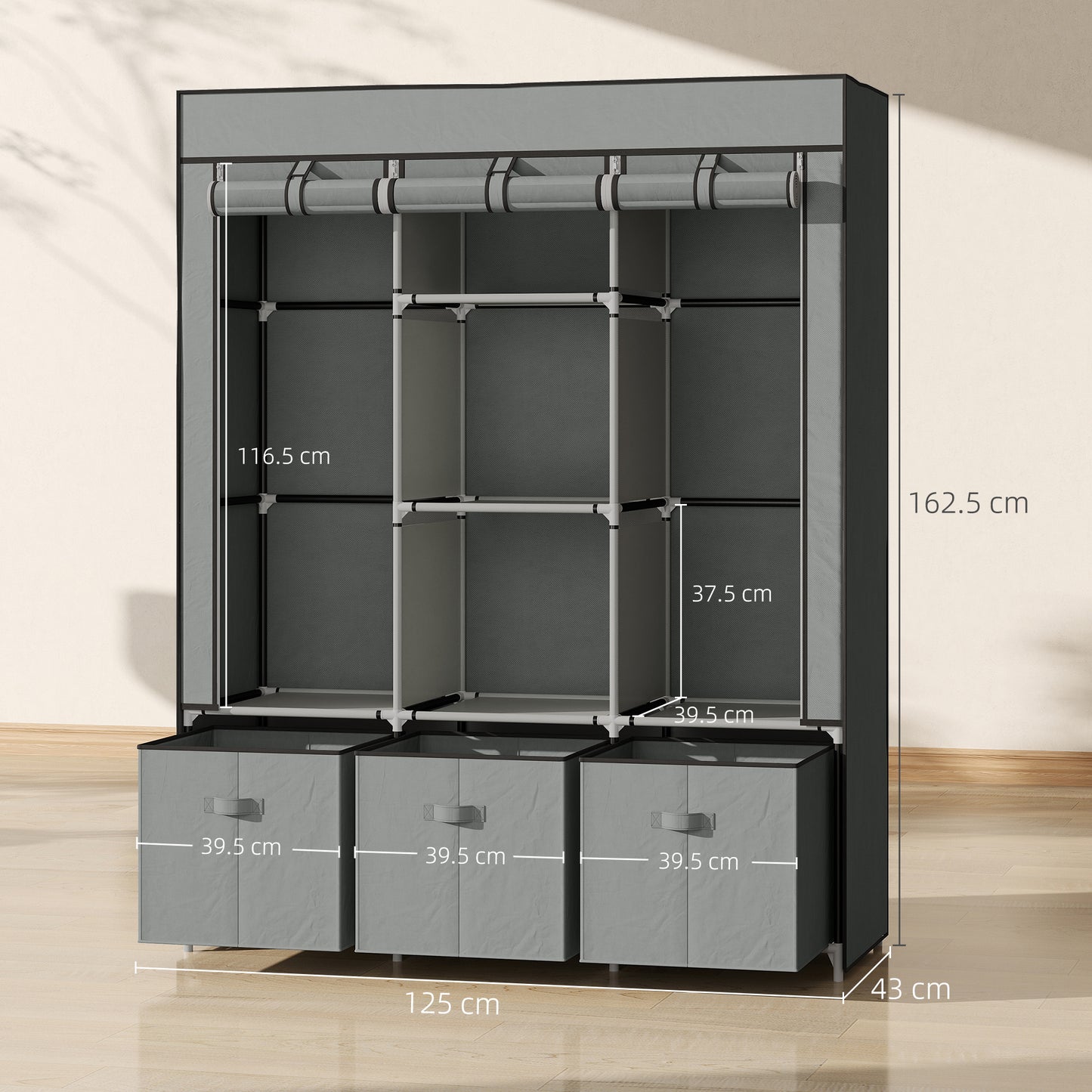 Foldable Fabric Wardrobe for Bedroom, Portable Wardrobe with 5 Shelves, 2 Hanging Rails and 3 Fabric Drawers, Light Grey