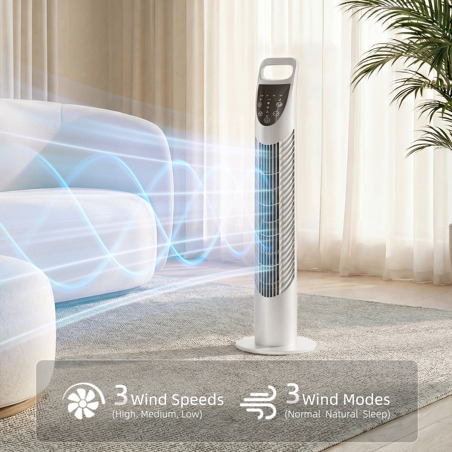 Tower Fan Oscillating 3 Speeds 3 Winds 40W w/ RC Timer Quiet - White