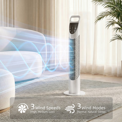 Tower Fan Oscillating 3 Speeds 3 Winds 40W w/ RC Timer Quiet - White
